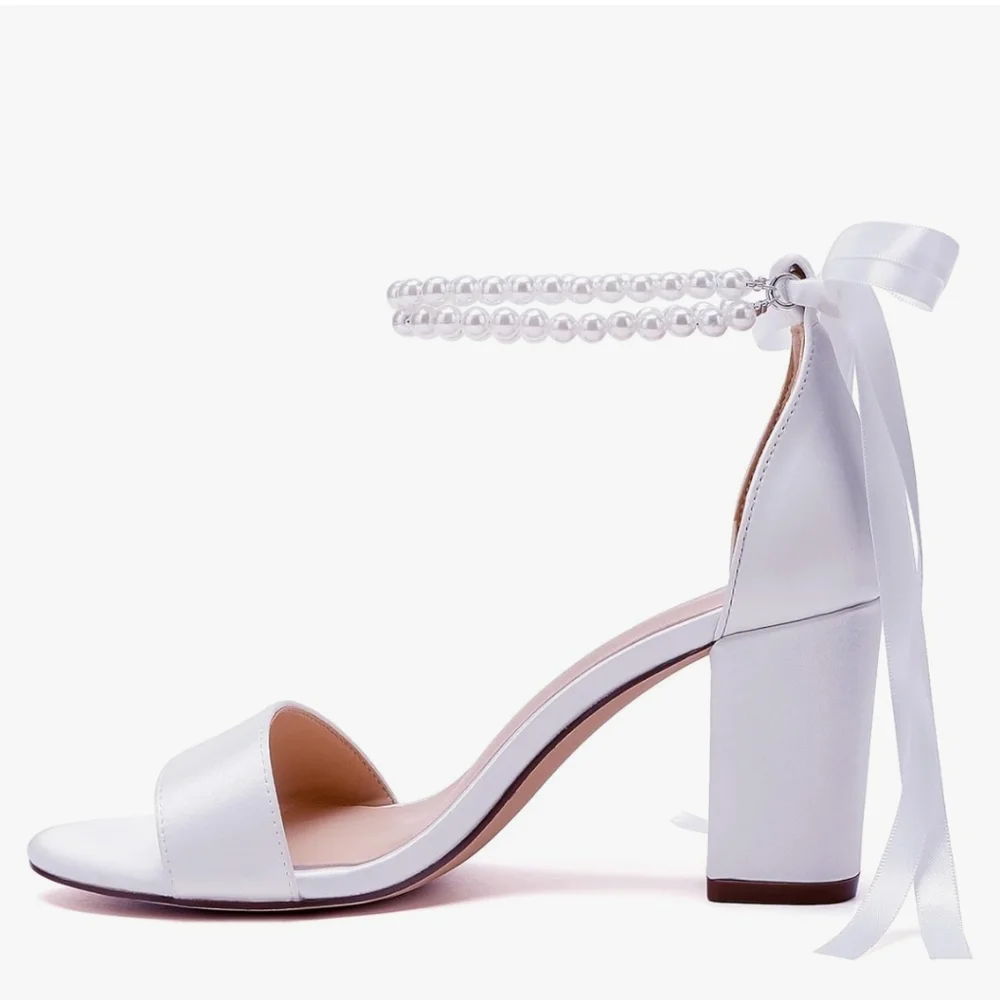 White Satin Stiletto Heels with Bow Detail - Picture 1 of 5